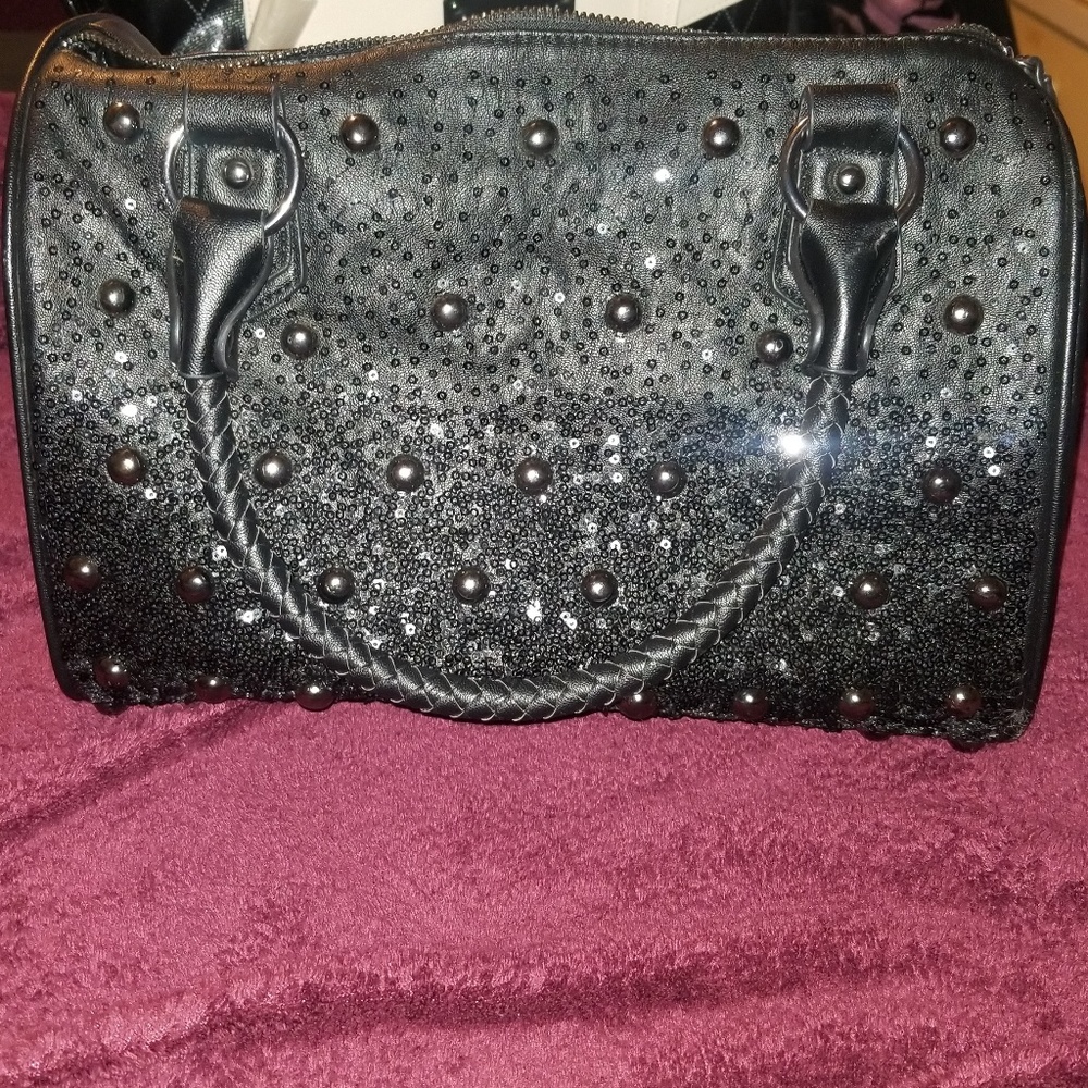 Black sequin and studded handbag